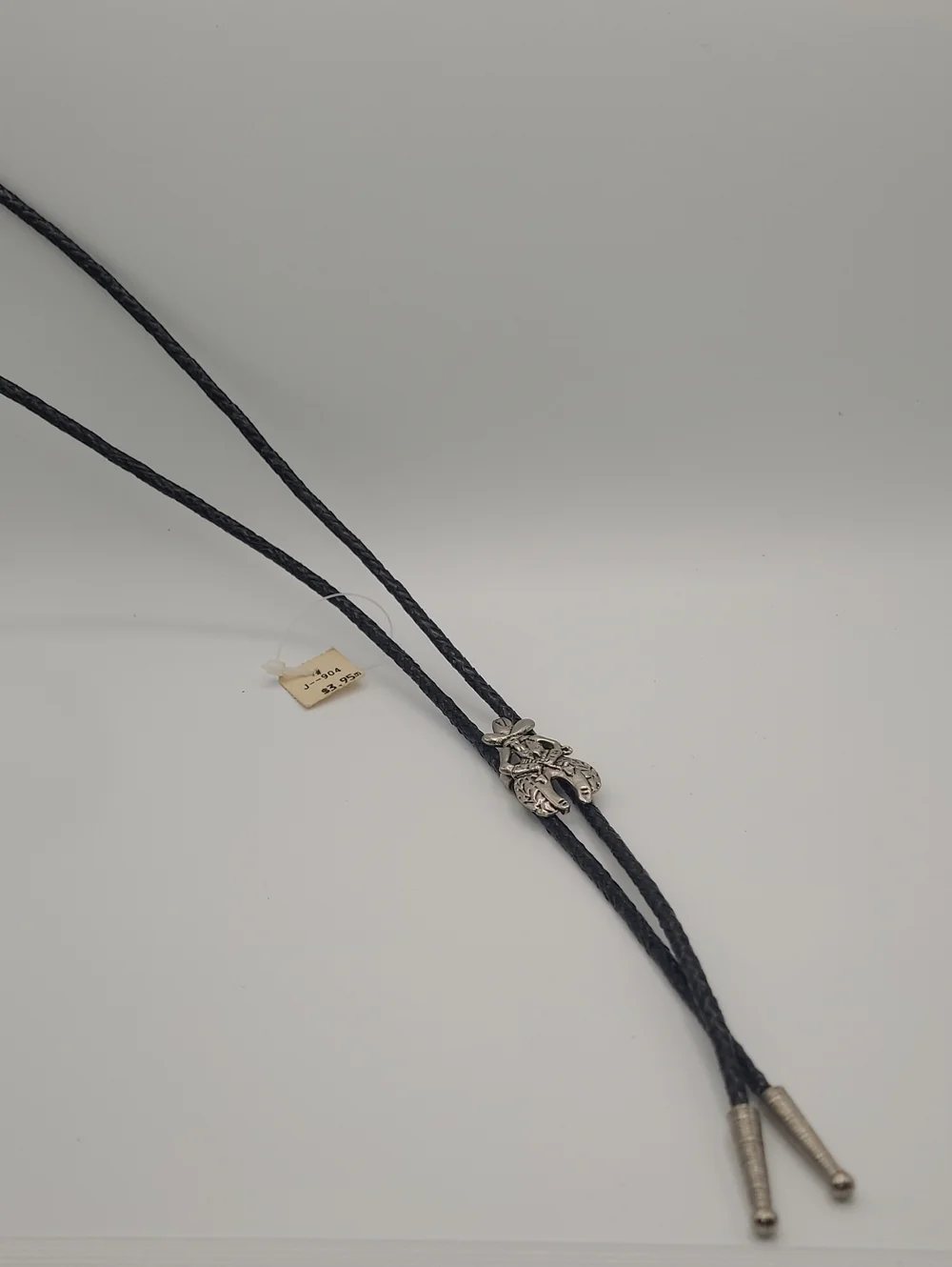 Western Black Leather Bolo Tie with Silver-Tone Floral Slide